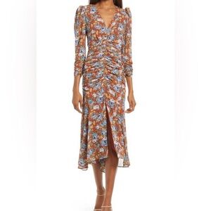 FLORET STUDIOS | Floral Print Ruched Puff Shoulder Midi Dress